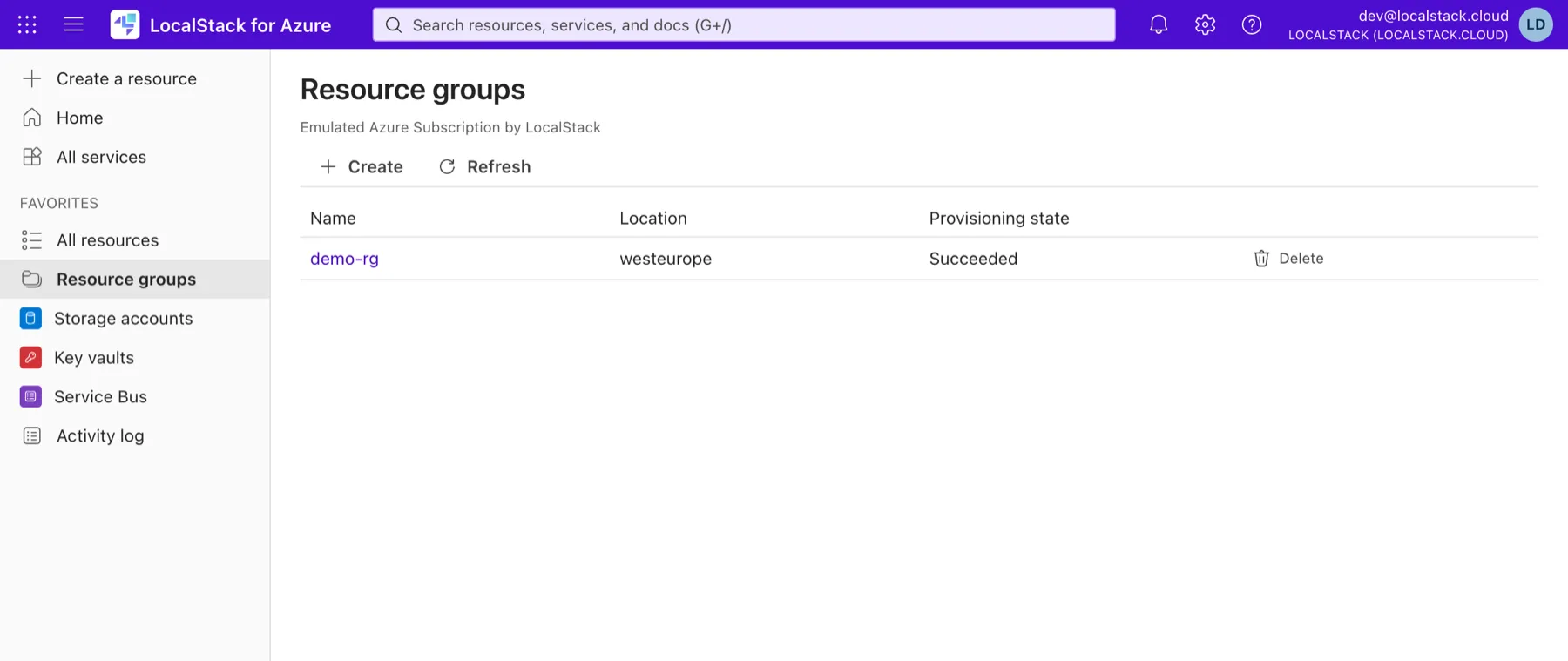The emulated Azure Portal in LocalStack, showing the resource group demo-rg in westeurope with status Succeeded